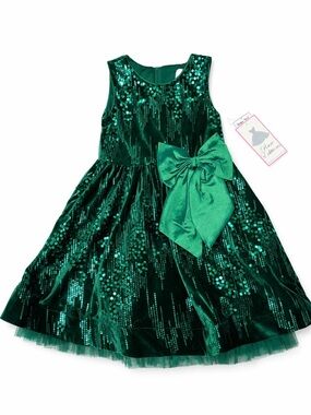 Rare Editions Emerald Green Sequin Velvet Bow Dress